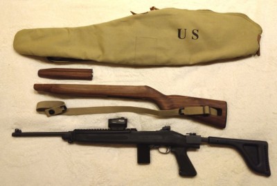 Fulton Armory M1A1 Scout carbine, extra wood stock, and replica fleece-lined canvas rifle bag